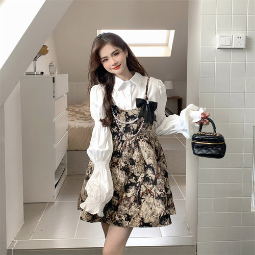 Autumn French Vintage Bow Strap Dress Set for Women LL-626