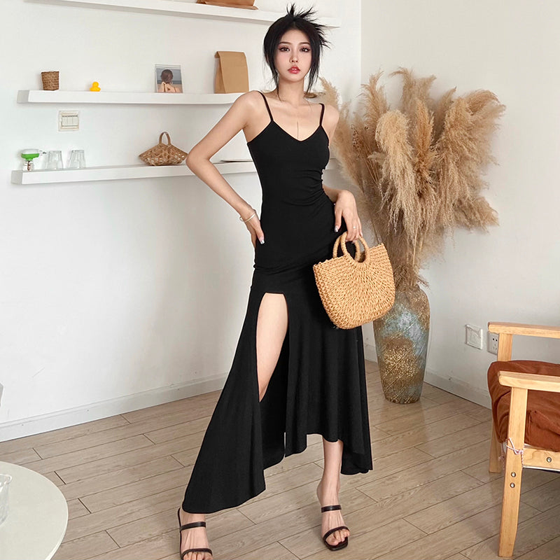 [TOP3]French Spicy Girl Black Strap Dress Design Sense Fishtail Long Dress LL-422