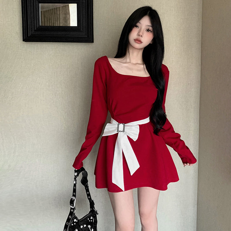 Temperament Bow Square Neck Dress Women's Design Slim Fit A-line Short Skirt LL-693