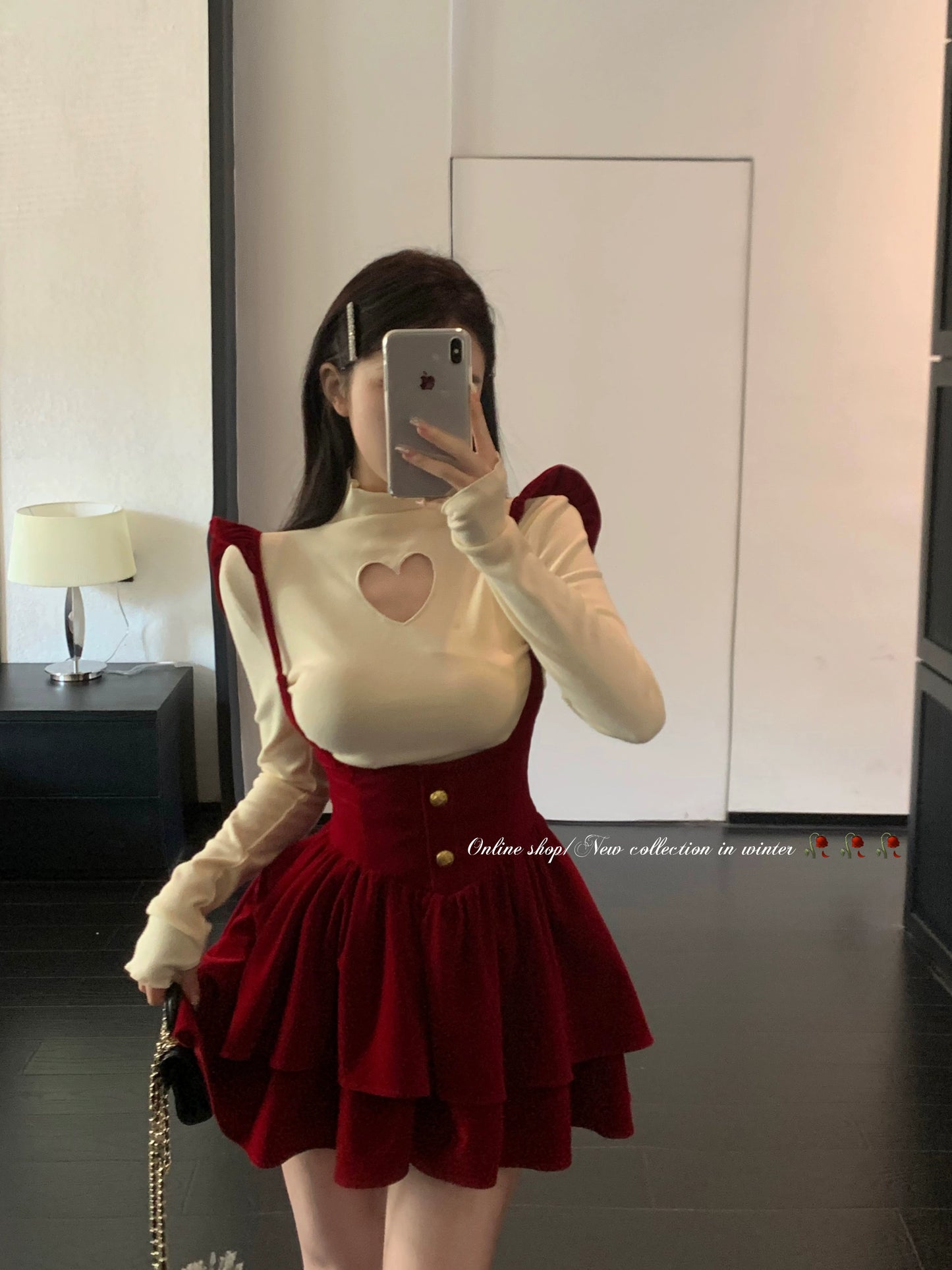 French Dress Strap Skirt Set Women's Spring Sweet Spicy Girl Red Princess Pengpeng Dress High Sense Small Man LL-683