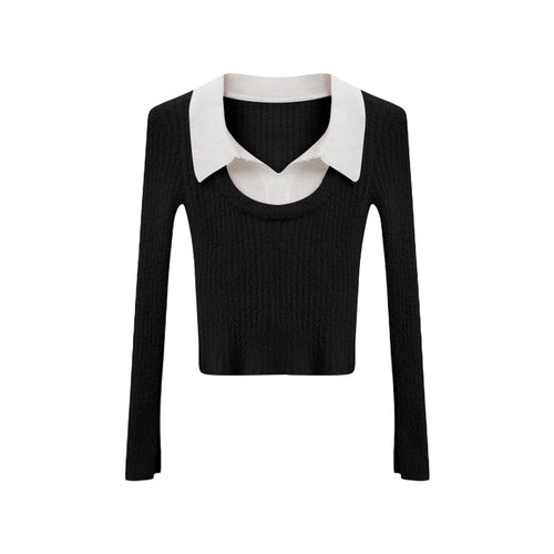 Fake two-piece sweater, female autumn temperament, black top, short and long sleeves LL-459