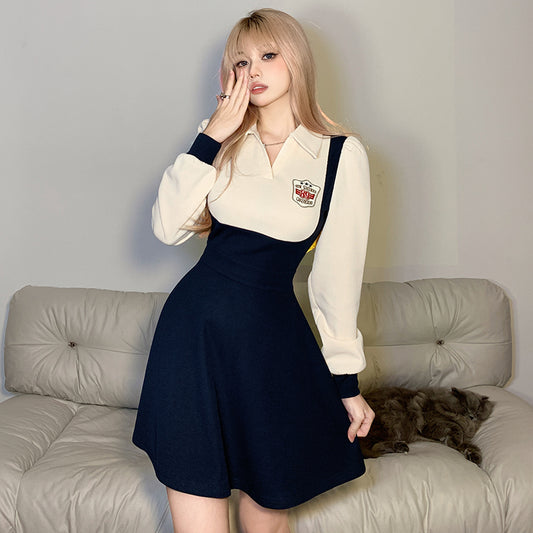 American college dress women's patchwork design Long sleeved A-shaped short skirt LL-611