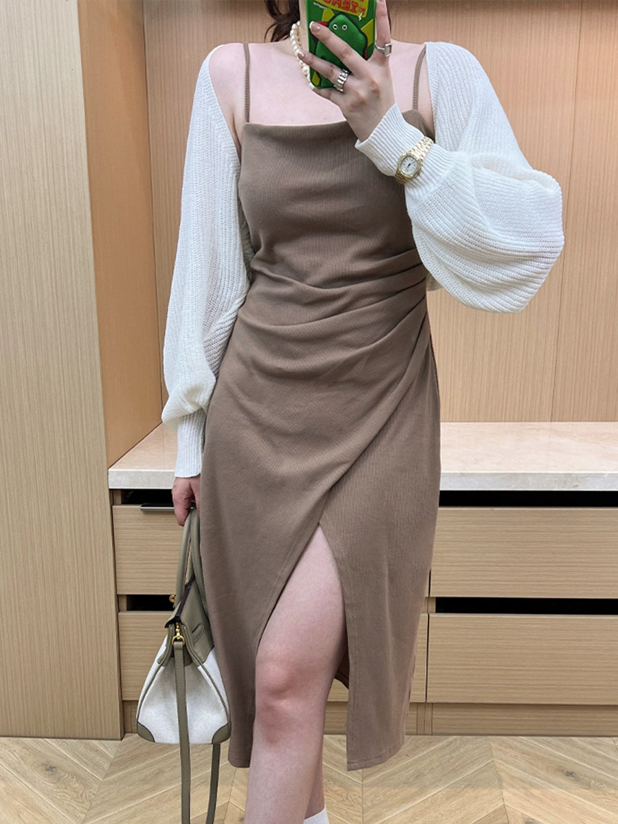 Solid color suspender dress high waist slit+summer cardigan dolman sleeve LL-718