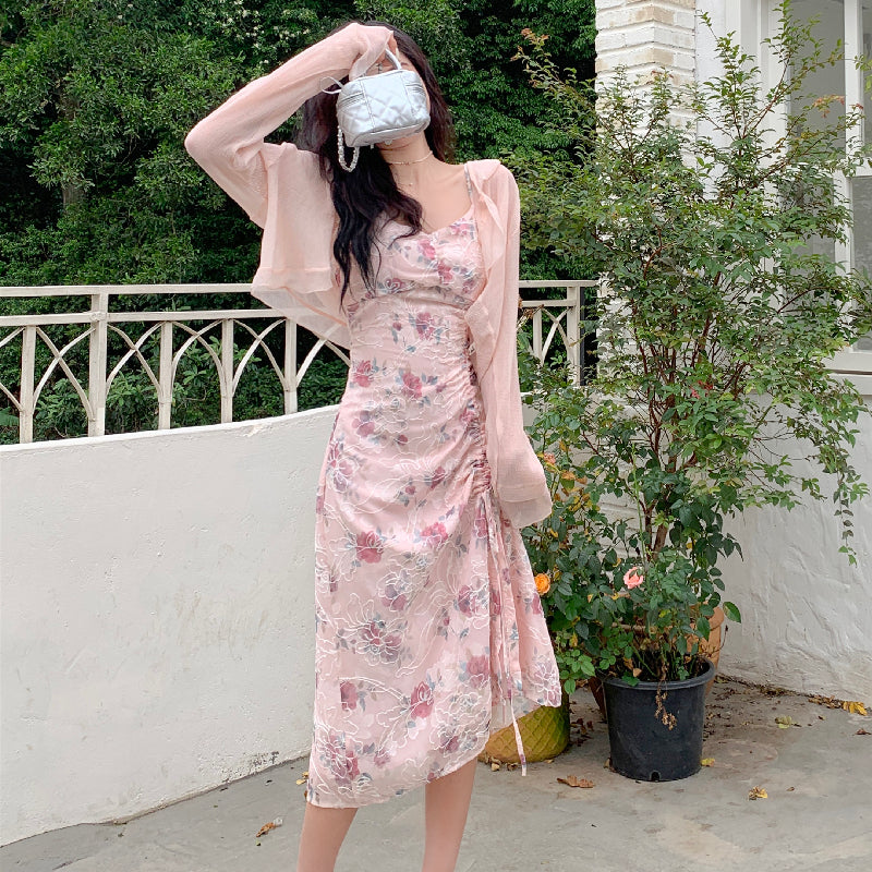 2 pieces pure floral suspender dress women summer dress suit LL-243