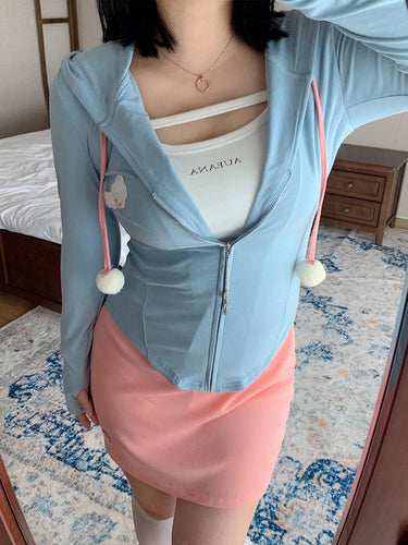 Pink and Blue Sunscreen Shirt Set Pure Desire Hooded Long Sleeve Cardigan Coat Half Skirt LL-519