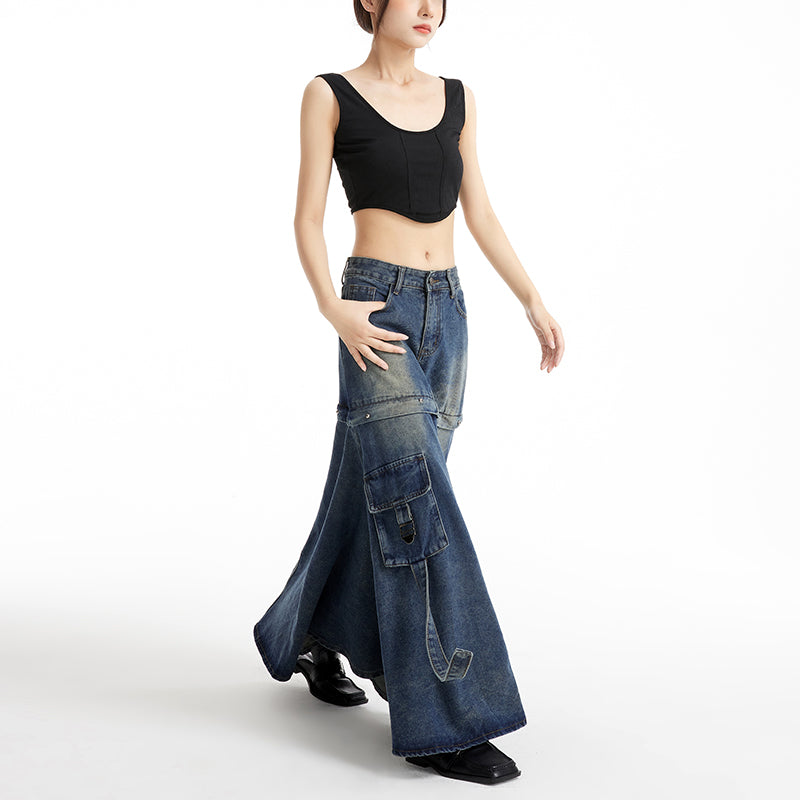 Workwear patchwork denim skirt, autumn and winter A-line fashion, American style LL-616