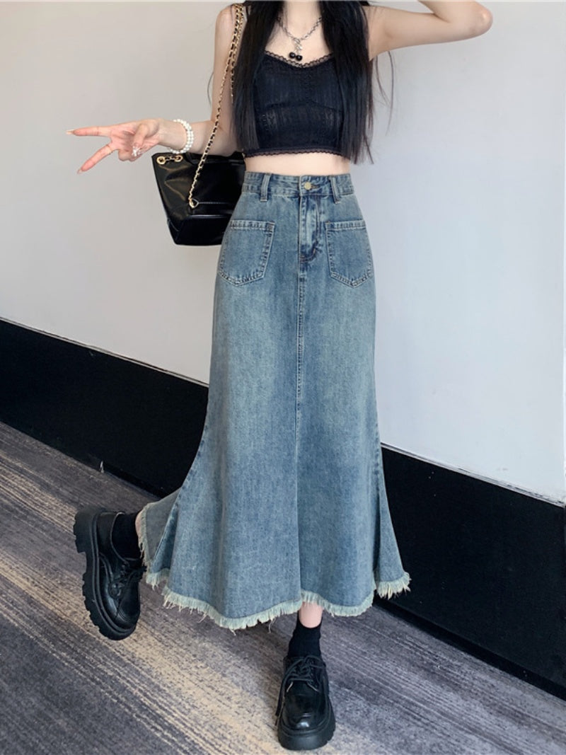 Vintage denim skirt women's new mid-length fishtail skirt trend in 2023 LL-501