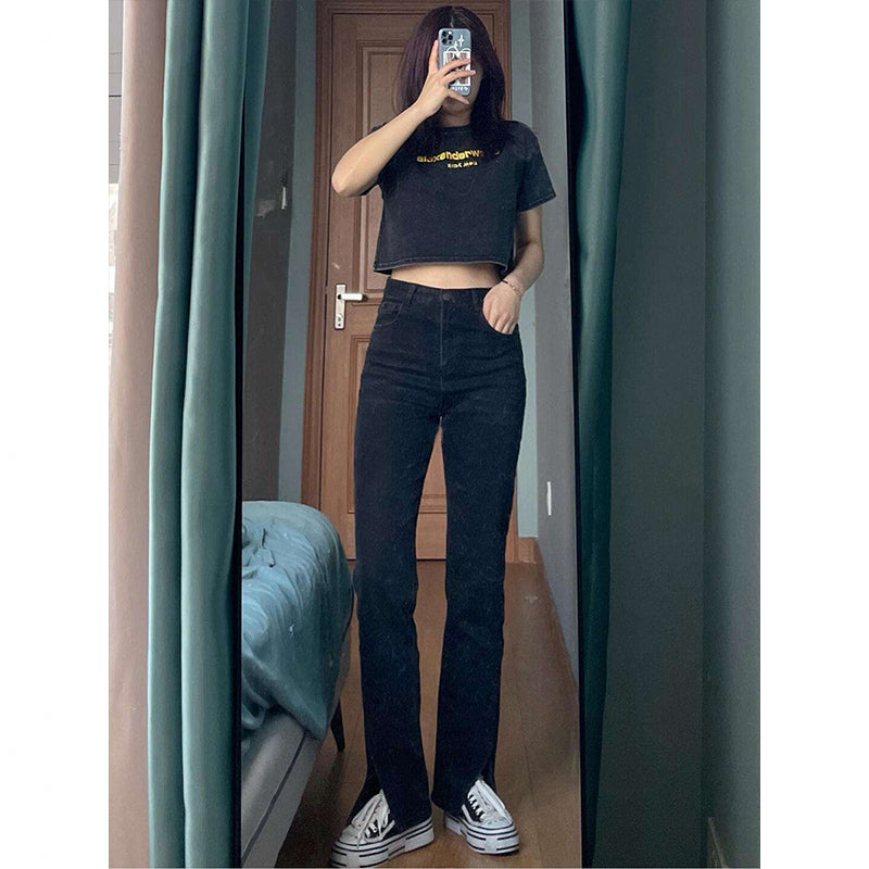 Jeans female 2023 new spring and autumn black flared pants split pants LL-570