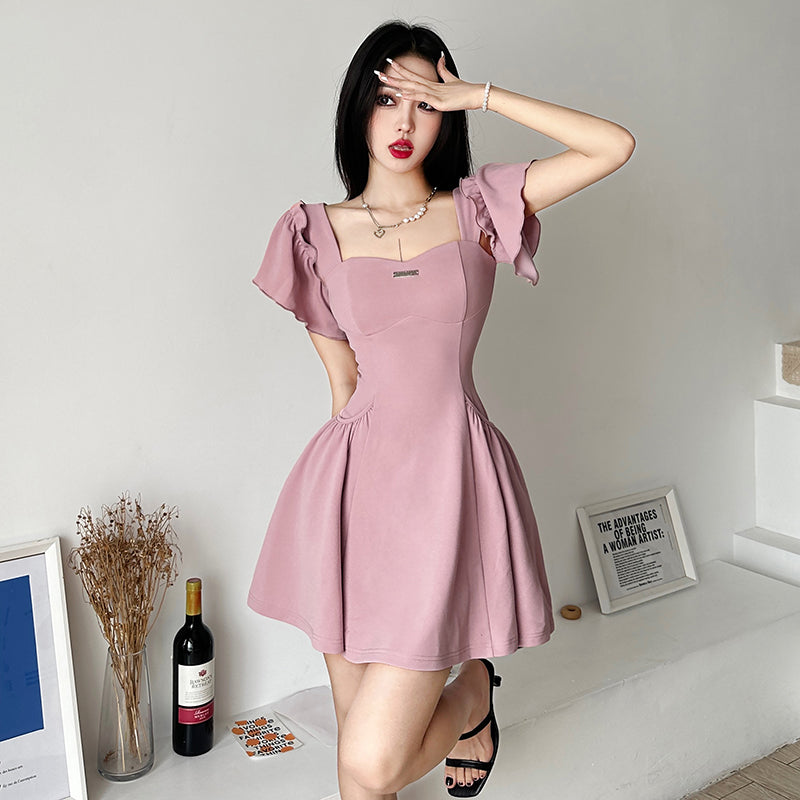 Temperament Pleated Dress Women's Sexy Square Neck Slim Fit Short Skirt LL-521