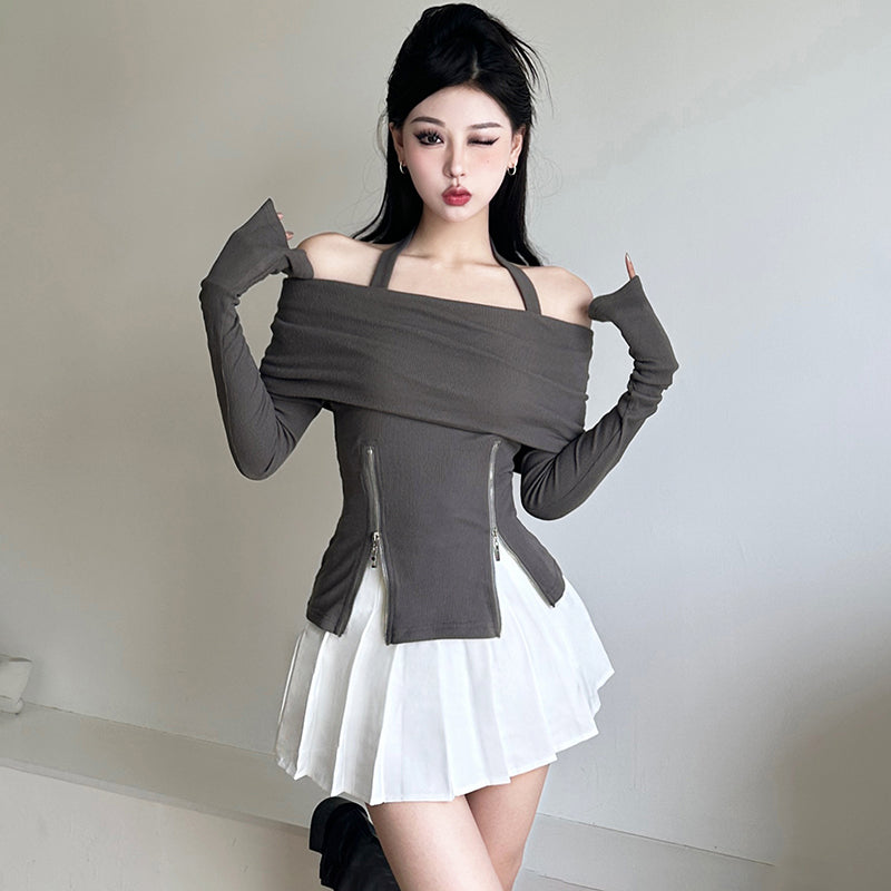 Pure desire, temperament, sexy long-sleeved T-shirt, female design, zipper, waist, suit LL-671