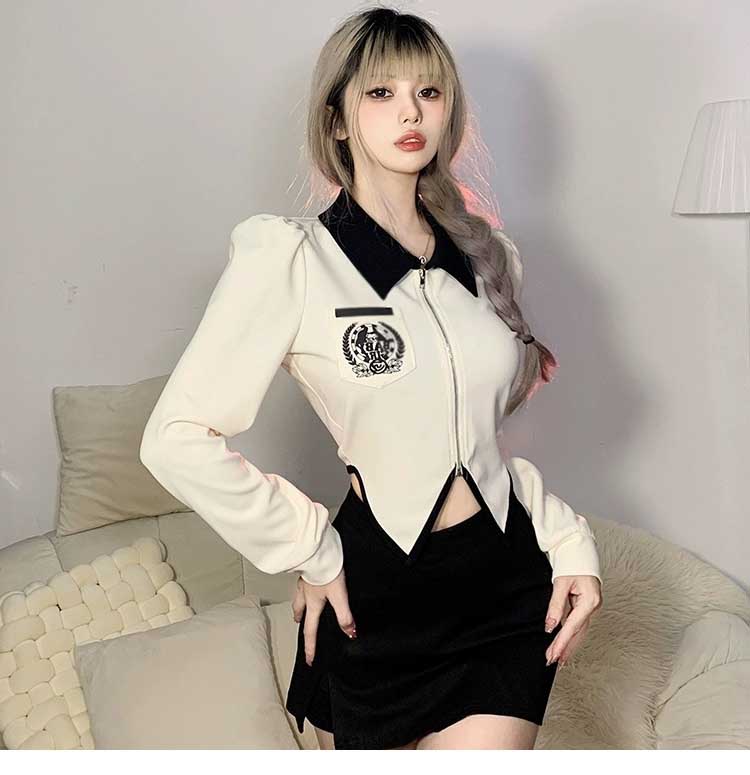 College Spice Girl Irregular polo Neck Long Sleeve T-shirt Female Design Zipper Short Top in Early Autumn LL-588