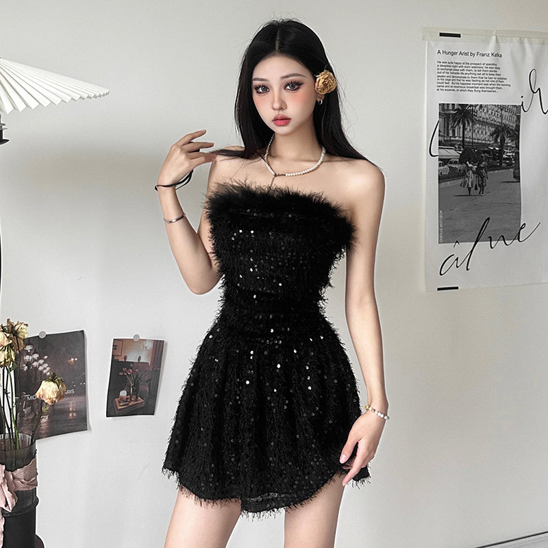 Premium sequin bandeau dress women's pleated waist shows thin babes short skirt autumn LL-686