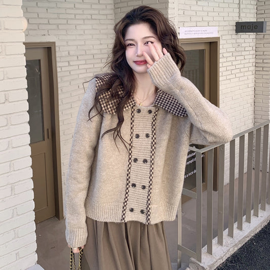 Baby Neck Sweater Coat Women's Autumn 2023 New Double breasted Long Sleeve Knitted Cardigan LL-571