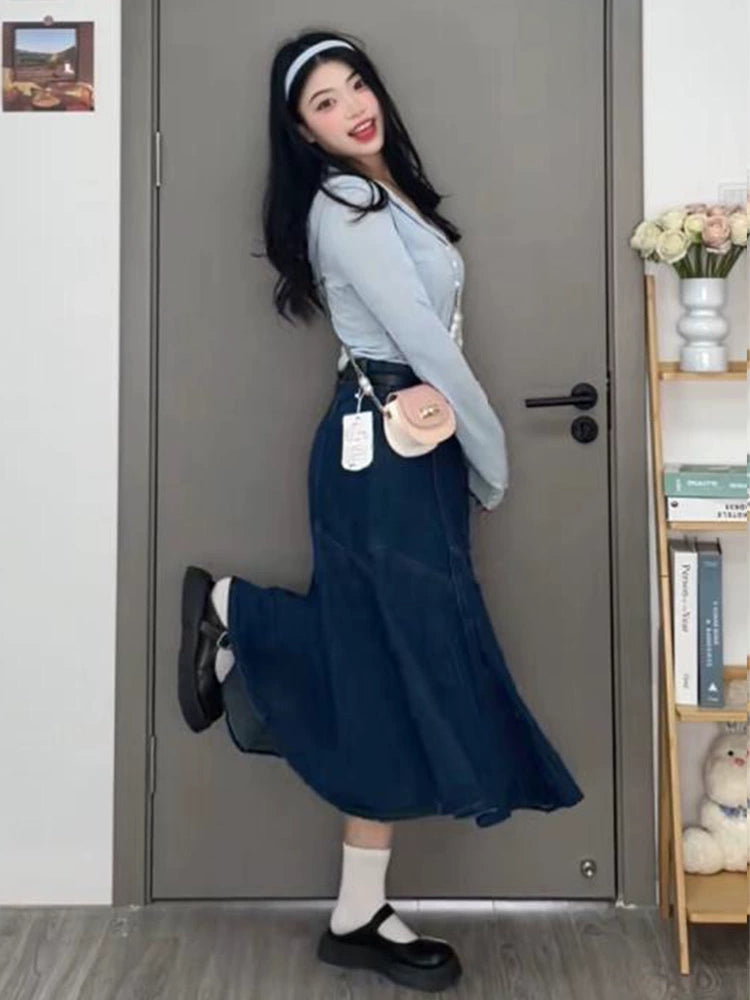 Vintage high waisted denim skirt, loose and slim, versatile mid length A-line skirt LL-594