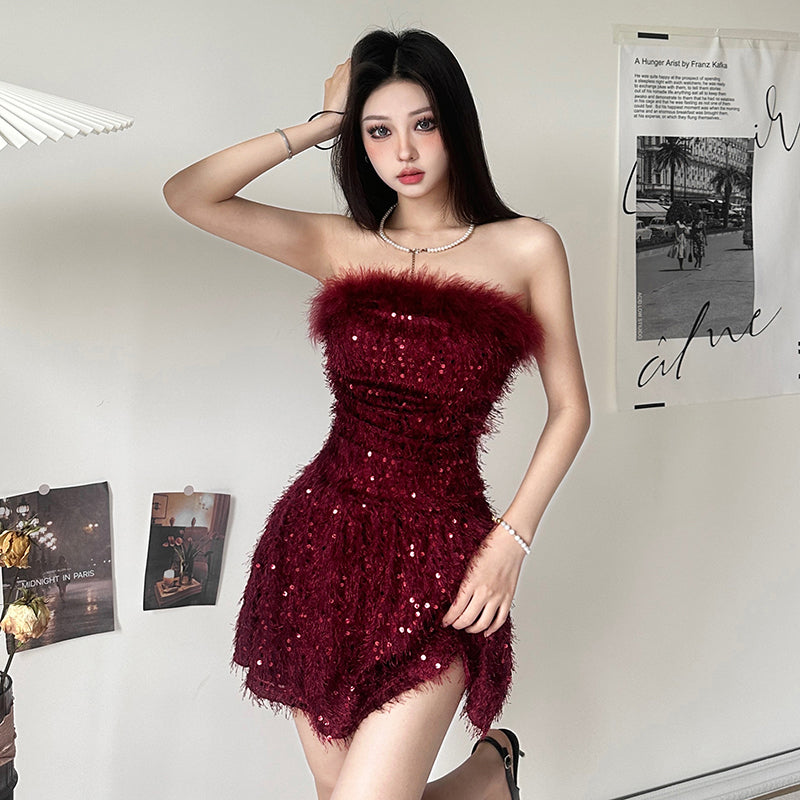 Premium sequin bandeau dress women's pleated waist shows thin babes short skirt autumn LL-686