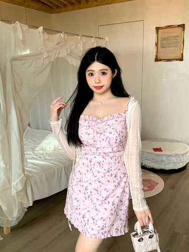 Floral suspender dress summer pure temperament slim pink dress LL-420