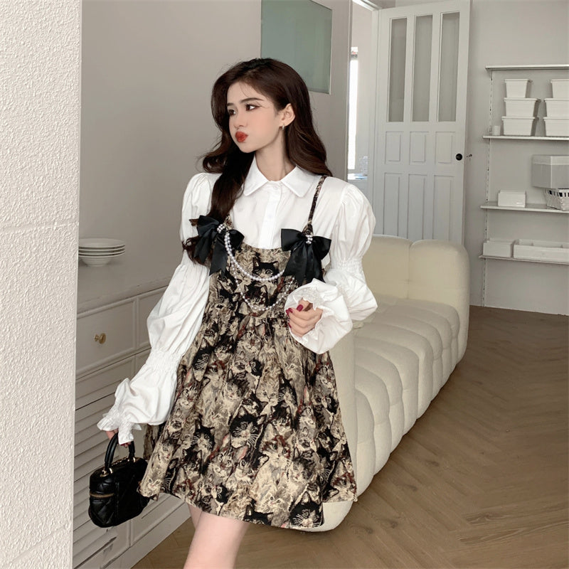 Autumn French Vintage Bow Strap Dress Set for Women LL-626