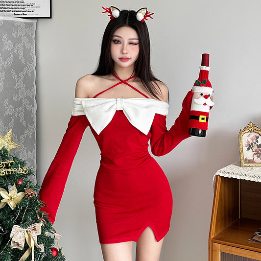 Christmas limited sweet and spicy atmosphere feeling bow tie hanging neck dress for women LL-694