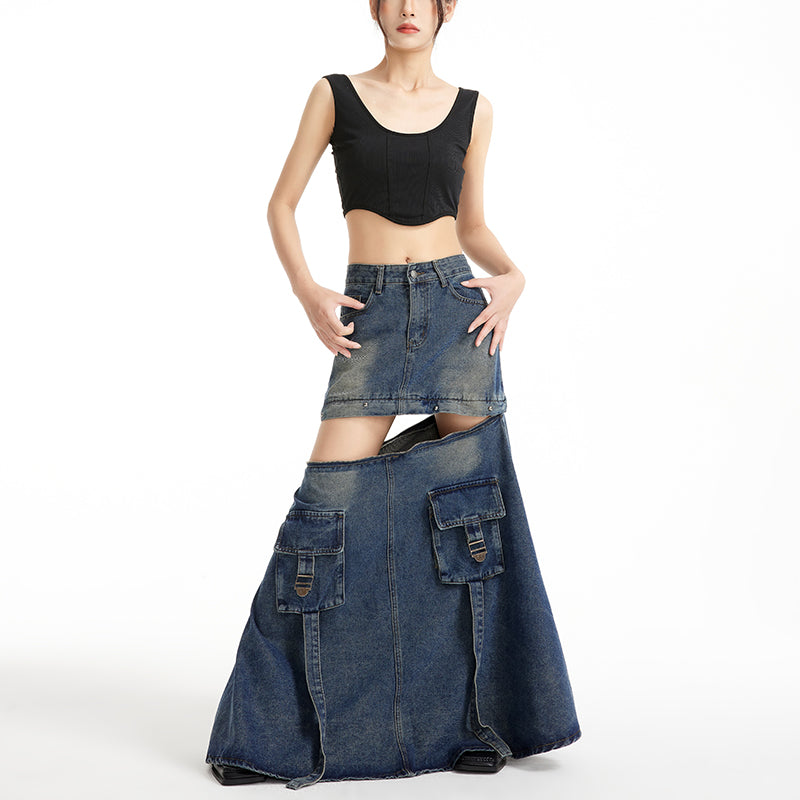 Workwear patchwork denim skirt, autumn and winter A-line fashion, American style LL-616