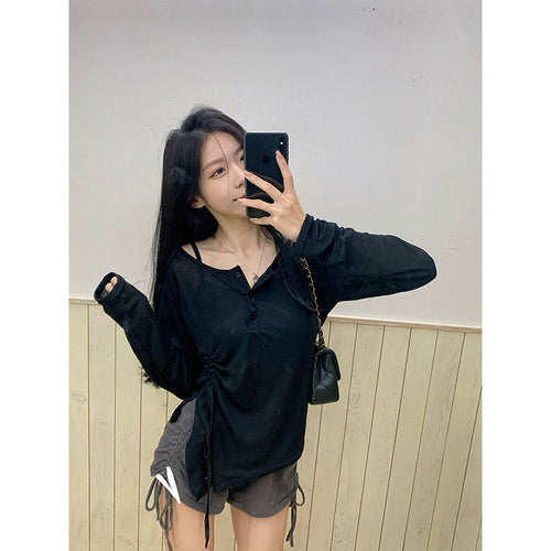 Thin drawstring design loose long sleeved sunscreen shirt+suspender women's fashion set LL-495