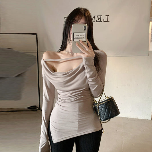 Off Shoulder Long Sleeve T-shirt Women's Autumn New Irregular Underlay Top LL-484