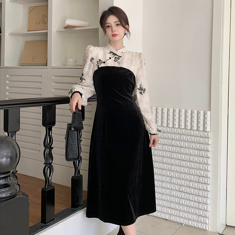 New Chinese Dress Women's 2023 Autumn Vintage Fake Two Cheongsam Skirt LL-481