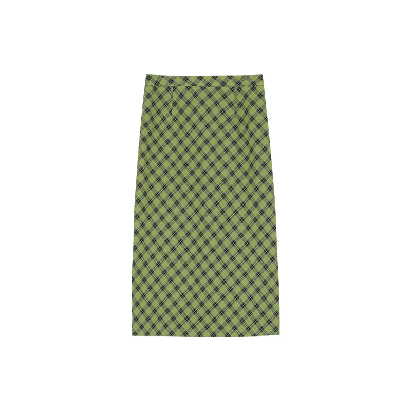 Korean green checked skirt women's autumn 2023 new A-line long dress LL-621