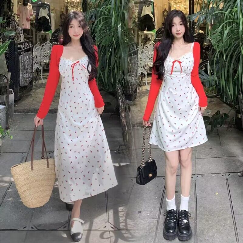 Floral dress women's autumn cardigan slip dress sweet and spicy skirt two-piece LL-485