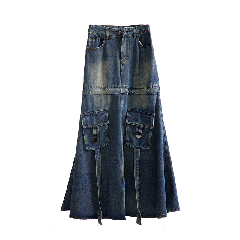 Workwear patchwork denim skirt, autumn and winter A-line fashion, American style LL-616