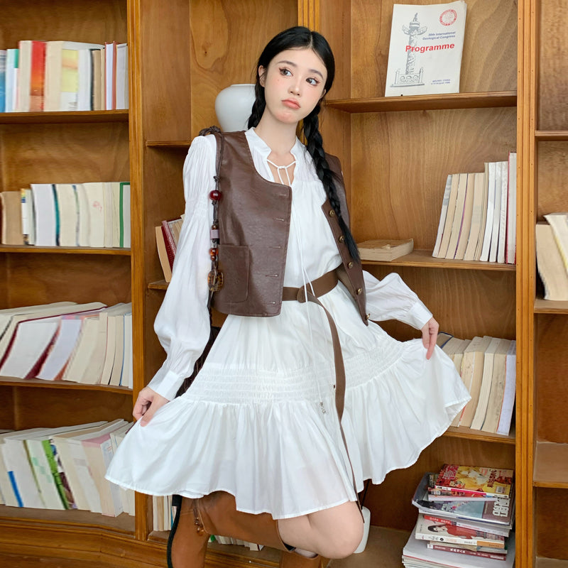 Foreign fashion suit, autumn women's oversized white shirt dress, vest two-piece LL-487