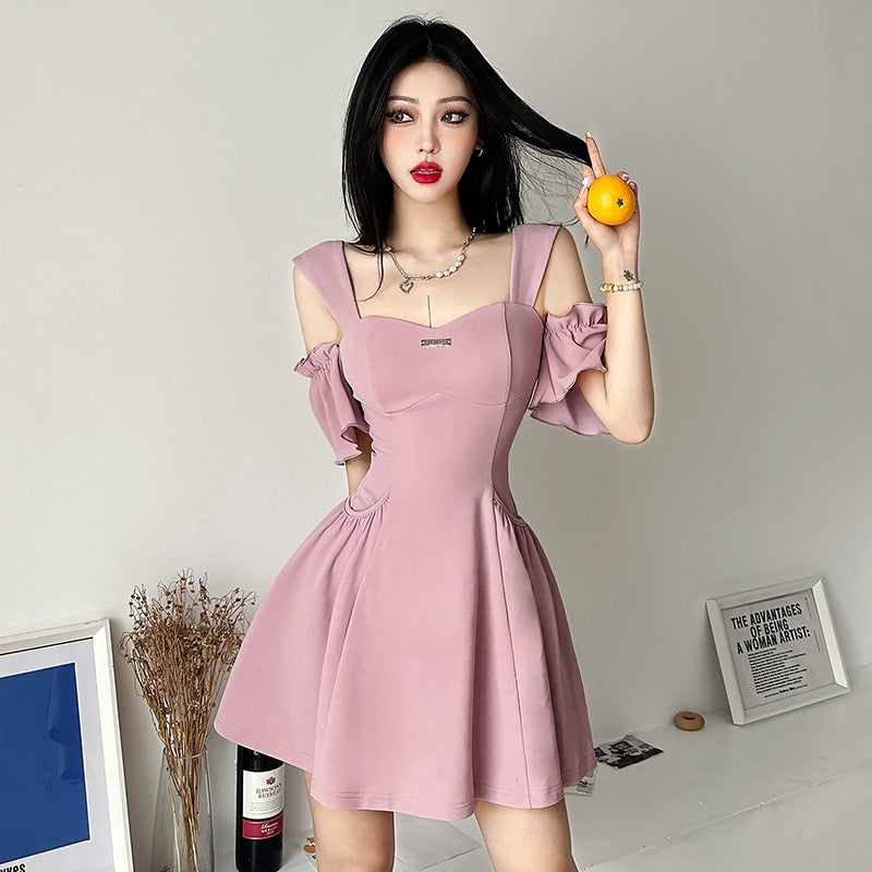 Temperament Pleated Dress Women's Sexy Square Neck Slim Fit Short Skirt LL-521