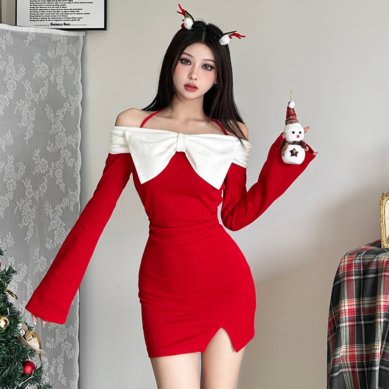 Christmas limited sweet and spicy atmosphere feeling bow tie hanging neck dress for women LL-694