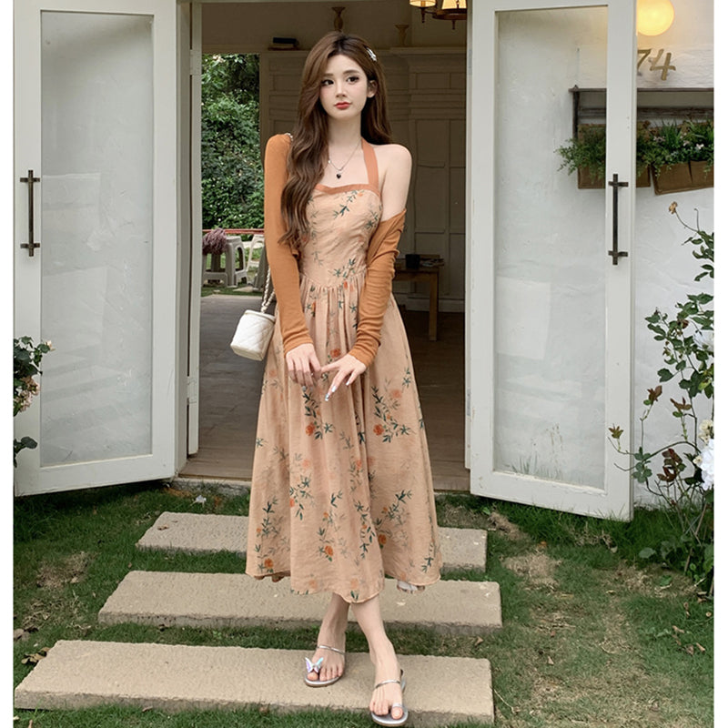 Dress Women's Summer Vintage Style Fragmented Flower Long Dress Set of Two LL-164