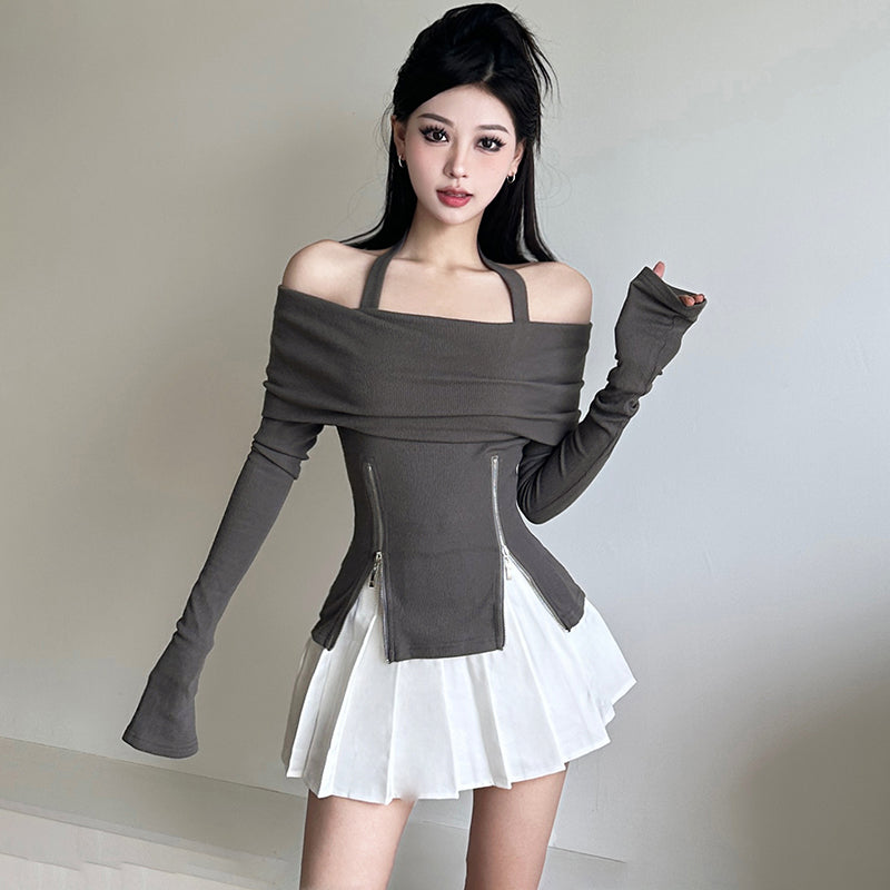 Pure desire, temperament, sexy long-sleeved T-shirt, female design, zipper, waist, suit LL-671