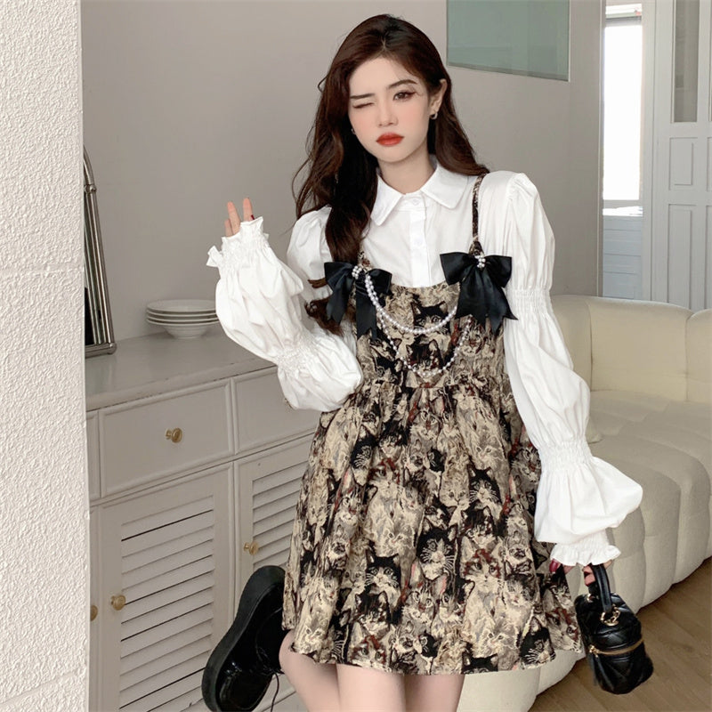 Autumn French Vintage Bow Strap Dress Set for Women LL-626