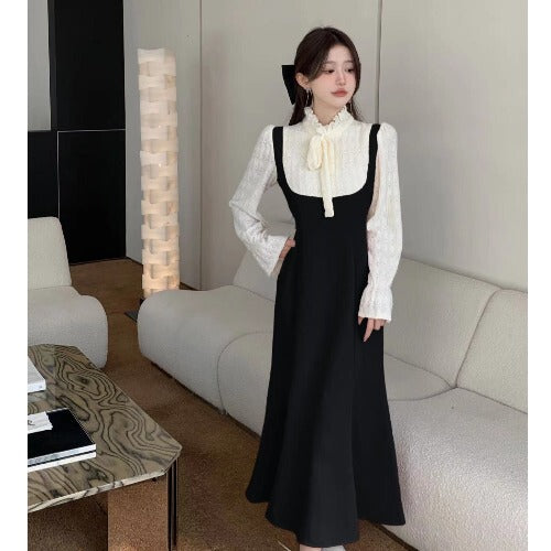 Large size contrast loose dress autumn lotus leaf sleeve design knit skirt LL-674