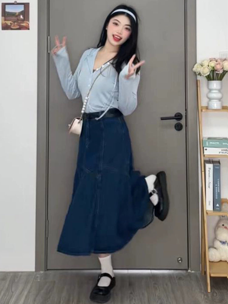 Vintage high waisted denim skirt, loose and slim, versatile mid length A-line skirt LL-594