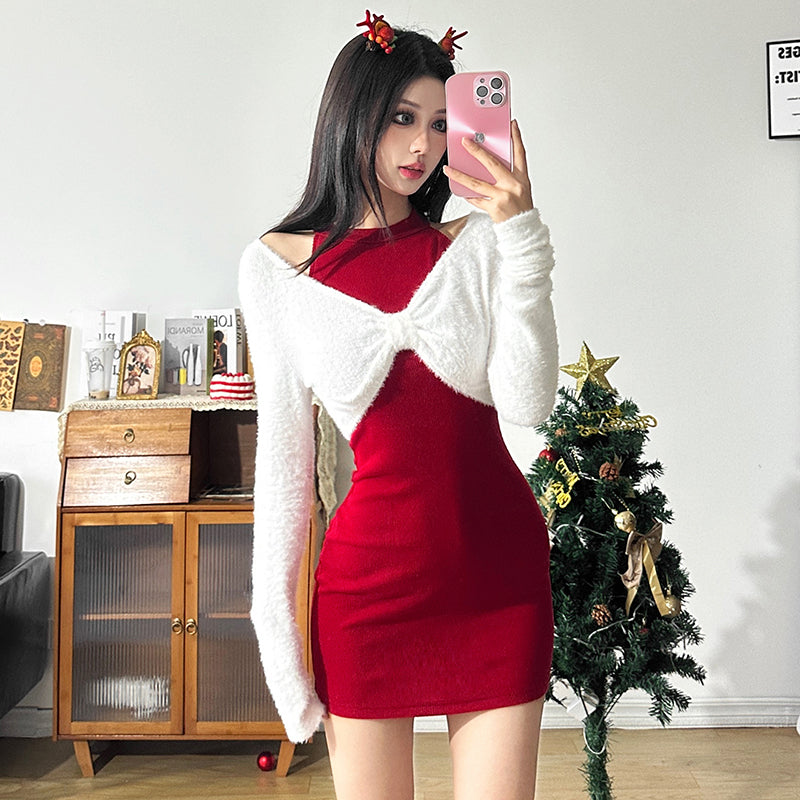 Spicy Girl Atmosphere Dress with Soft Glutinous Plush Long Sleeve T-shirt Set LL-696