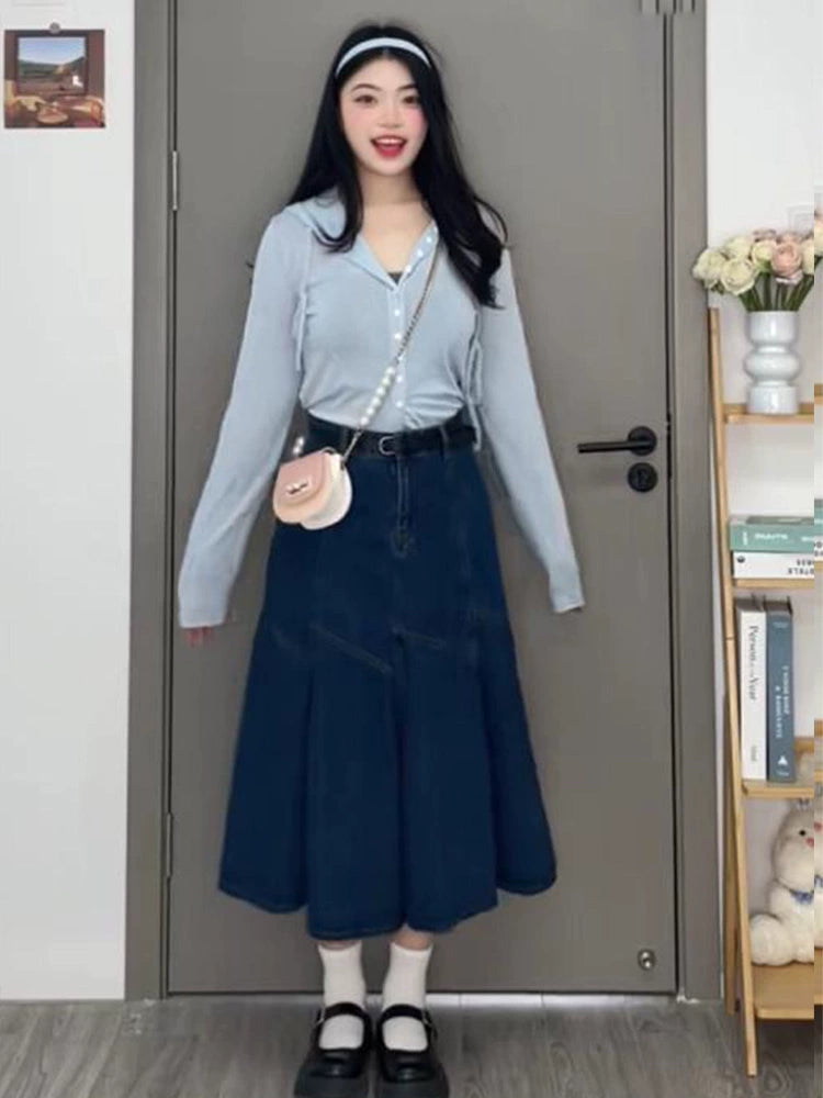 Vintage high waisted denim skirt, loose and slim, versatile mid length A-line skirt LL-594