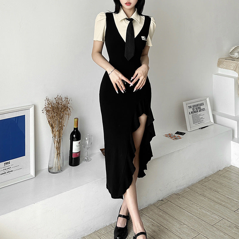 2 pieces College suit summer new polo collar white shirt black dress LL-327