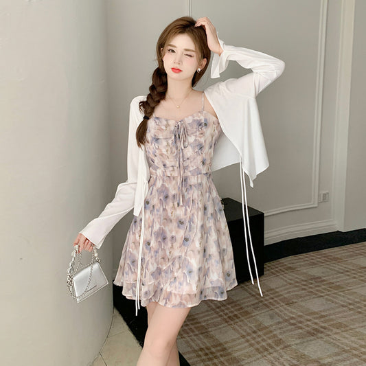 Large floral dress women's summer cardigan Slip dress two-piece suit LL-384