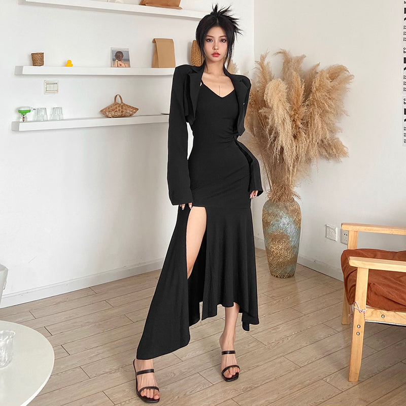 [TOP3]French Spicy Girl Black Strap Dress Design Sense Fishtail Long Dress LL-422