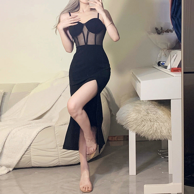 2022 summer new solid color sexy sling mesh long slit dress LL-257