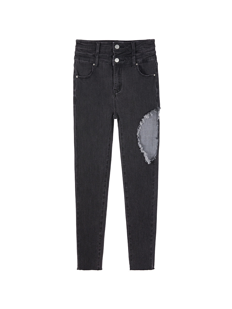 Slightly fat, high waisted, double breasted, perforated pencil, 9-point elastic jeans LL-534