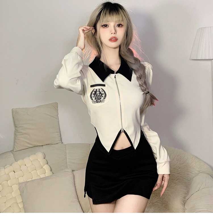 College Spice Girl Irregular polo Neck Long Sleeve T-shirt Female Design Zipper Short Top in Early Autumn LL-588