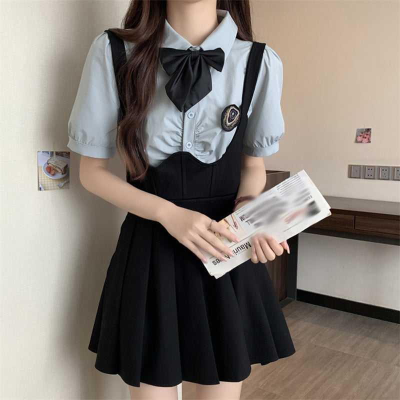 Polo collar short-sleeved shirt top A-line strap skirt two-piece college suit LL-551