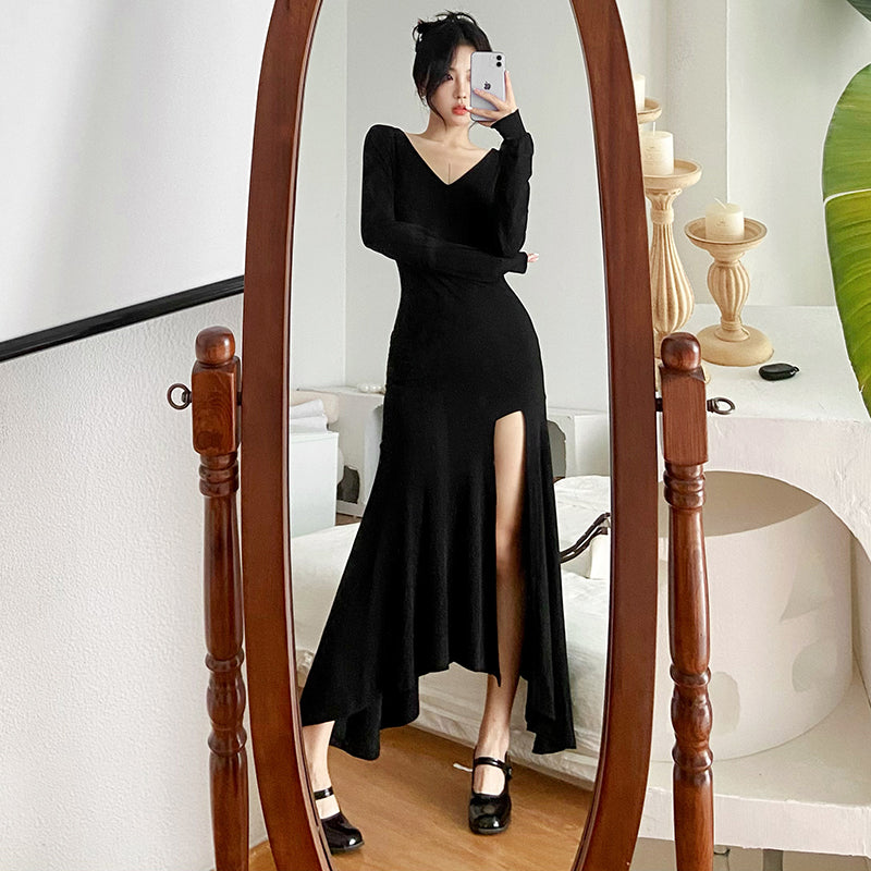 French chic temperament retro black V-neck dress female split fishtail skirt LL-560