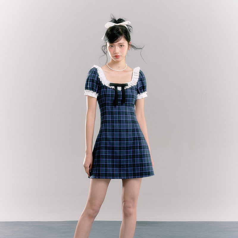 Bow knot patchwork lace plaid dress women's bubble sleeve plaid skirt LL-477