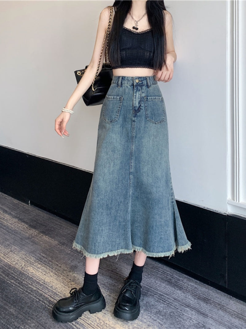 Vintage denim skirt women's new mid-length fishtail skirt trend in 2023 LL-501