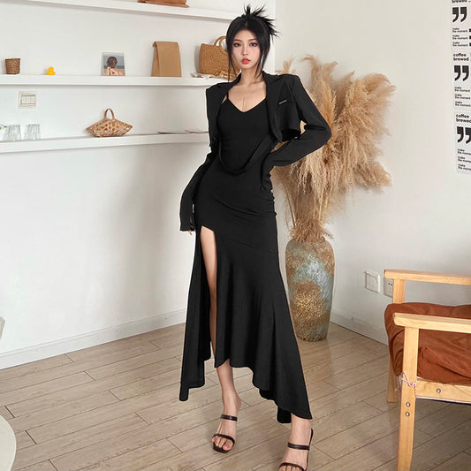 [TOP3]French Spicy Girl Black Strap Dress Design Sense Fishtail Long Dress LL-422